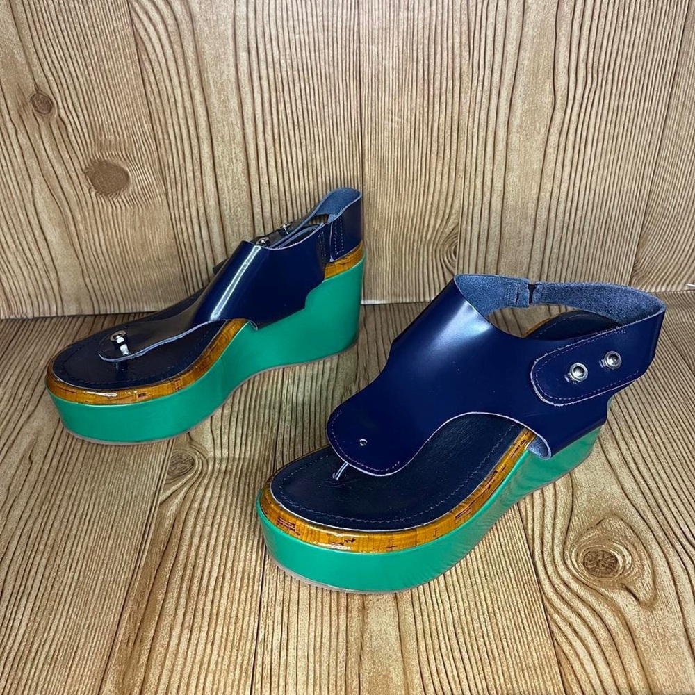 Vtg y2k DIESEL Leather platform sandals thong wedge navy green colorblock